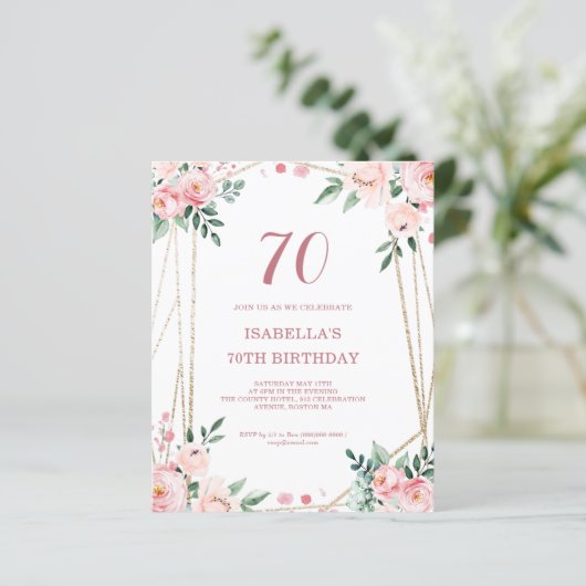 Blush Pink Floral 70e budget Verjaardag uitnodigin (Staand voorkant)