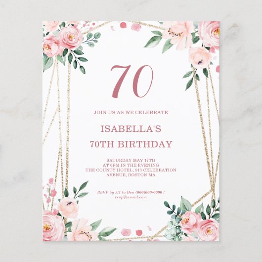 Blush Pink Floral 70e budget Verjaardag uitnodigin (Voorkant)