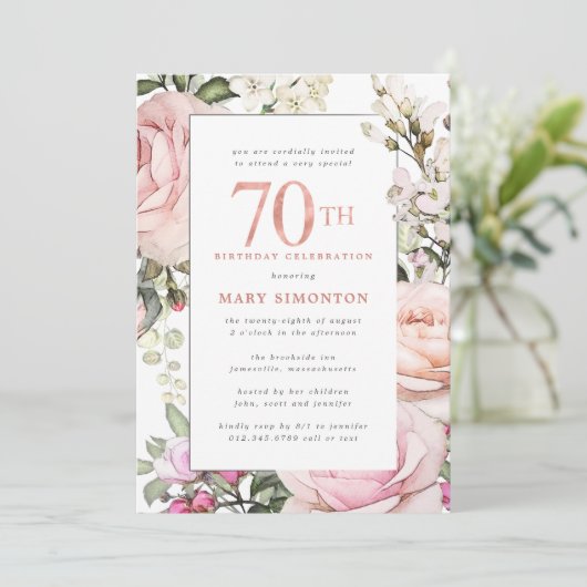 Blush Pink Floral 70e verjaardag Kaart (Staand voorkant)