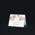 Blush Pink Floral 70th Birthday Hartelijk dank Bedankkaart<br><div class="desc">Een prachtige en elegante dankjewel, speciaal ontworpen voor een 70e verjaardagsfeestje. Het bevat een grote florale spray van roze rozen, witte hydrangea's en groene bladgroente. Een witte ovaal wordt in het centrum geplaatst met de naam van de persoon, 70th, en verjaardagsfeest. Er zijn twee regels voorzien voor een op maat...</div>