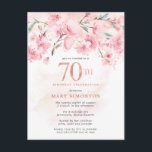 Blush Pink Floral 70th Birthday Invitation Postcar Uitnodiging Briefkaart<br><div class="desc">Een mooie roze florale schikking van kersenbloesems op een tak. De 70e staat in grote roos gouden getallen. Een zachte roze waterverf was geeft de witte achtergrond een warme aanraking.</div>