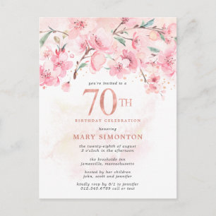 Blush Pink Floral 70th Birthday Invitation Postcar Uitnodiging Briefkaart