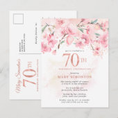 Blush Pink Floral 70th Birthday Invitation Postcar Uitnodiging Briefkaart (Voorkant / Achterkant)