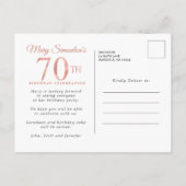 Blush Pink Floral 70th Birthday Invitation Postcar Uitnodiging Briefkaart (Achterkant)