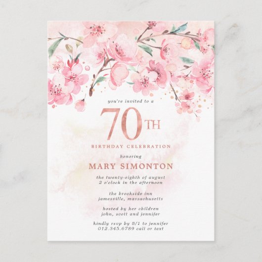 Blush Pink Floral 70th Birthday Invitation Postcar Uitnodiging Briefkaart (Voorkant)