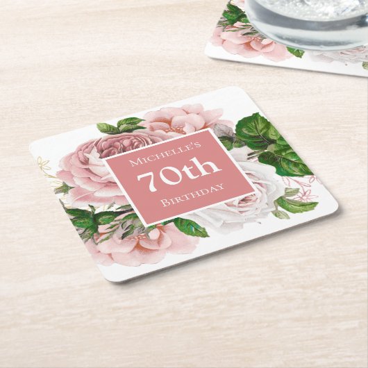  Blush Pink Floral 70th Birthday Party Kartonnen Onderzetters (Schuin)
