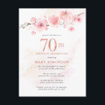 Blush Pink Floral 70th Birthday Uitnodiging Briefkaart<br><div class="desc">Een mooie roze florale schikking van kersenbloesems op een tak. De 70e staat in grote roos gouden getallen. Een zachte roze waterverf was geeft de witte achtergrond een warme aanraking.</div>