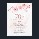 Blush Pink Floral 70th Birthday Uitnodiging Briefkaart<br><div class="desc">Een mooie roze florale schikking van kersenbloesems op een tak. De 70e staat in grote roos gouden getallen. Een zachte roze waterverf was geeft de witte achtergrond een warme aanraking.</div>