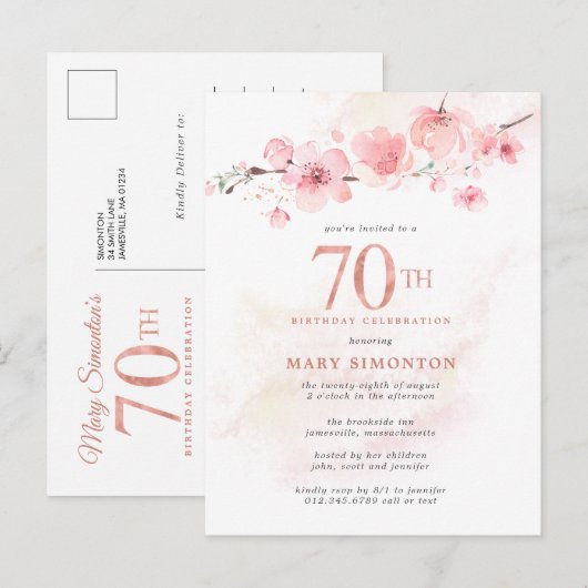 Blush Pink Floral 70th Birthday Uitnodiging Briefkaart (Voorkant / Achterkant)
