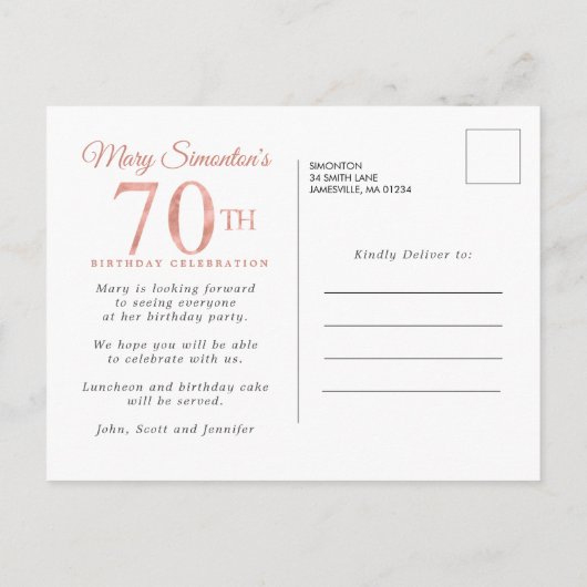 Blush Pink Floral 70th Birthday Uitnodiging Briefkaart (Achterkant)