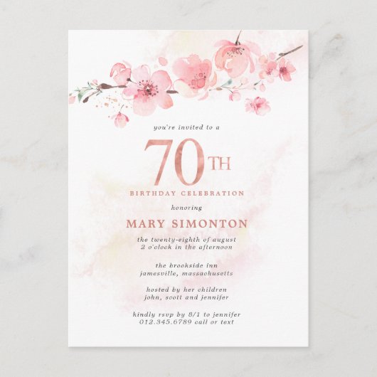 Blush Pink Floral 70th Birthday Uitnodiging Briefkaart (Voorkant)