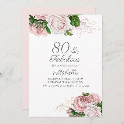 Blush Pink Floral 80 en Fabulous Birthday Kaart (Voorkant / Achterkant)
