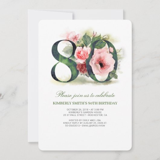 Blush Pink Floral 80th Birthday Party Kaart (Voorkant)