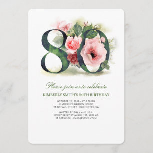 Blush Pink Floral 80th Birthday Party Kaart