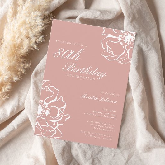 Blush Pink Floral 80th Birthday Party Kaart