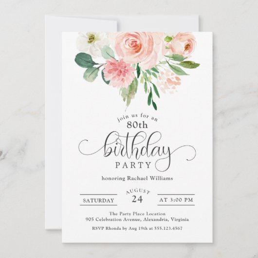 Blush Pink Floral 80th Birthday Party Kaart (Voorkant)