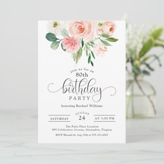 Blush Pink Floral 80th Birthday Party Kaart (Staand voorkant)