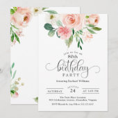 Blush Pink Floral 80th Birthday Party Kaart (Voorkant / Achterkant)