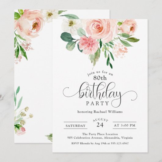 Blush Pink Floral 80th Birthday Party Kaart (Voorkant / Achterkant)