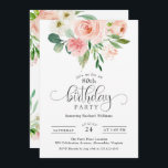 Blush Pink Floral 80th Birthday Party Kaart<br><div class="desc">Deze uitnodiging is een mooie feministische verjaardagsuitnodiging om een 80ste verjaardag te vieren. Deze uitnodiging heeft een wazige roze en witte waterverf heeft bouquets met groen op. Een whimsical calligraphy type face geeft het woord 'verjaardag' in feministische stijl weer. Pas de tekst sjabloon met uw gebeurtenisdetails aan. De leeftijd kan...</div>