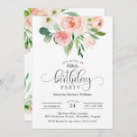 Blush Pink Floral 80th Birthday Party Kaart<br><div class="desc">Deze uitnodiging is een mooie feministische verjaardagsuitnodiging om een 80ste verjaardag te vieren. Deze uitnodiging heeft een wazige roze en witte waterverf heeft bouquets met groen op. Een whimsical calligraphy type face geeft het woord 'verjaardag' in feministische stijl weer. Pas de tekst sjabloon met uw gebeurtenisdetails aan. De leeftijd kan...</div>