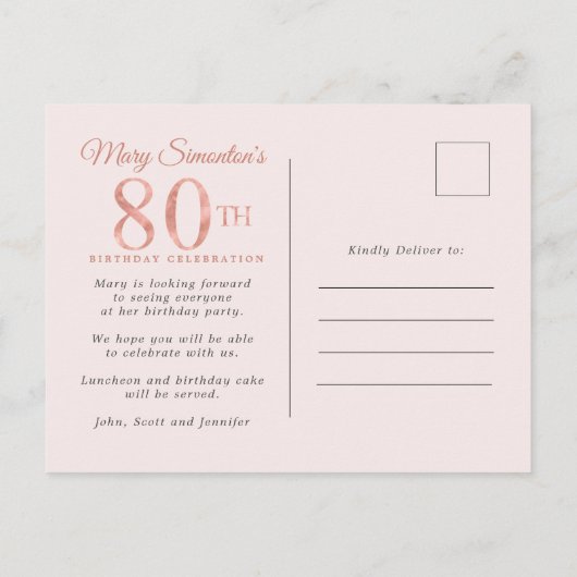 Blush Pink Floral 80th Birthday Party Uitnodiging Briefkaart (Achterkant)