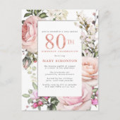 Blush Pink Floral 80th Birthday Party Uitnodiging Briefkaart (Voorkant)