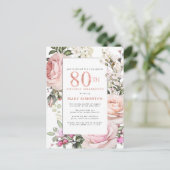 Blush Pink Floral 80th Birthday Party Uitnodiging Briefkaart (Staand voorkant)