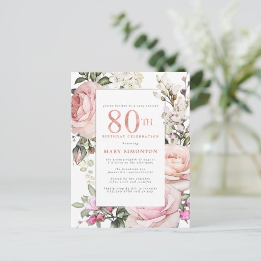 Blush Pink Floral 80th Birthday Party Uitnodiging Briefkaart (Staand voorkant)