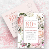 Blush Pink Floral 80th Birthday Party Uitnodiging Briefkaart