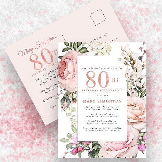 Blush Pink Floral 80th Birthday Party Uitnodiging Briefkaart
