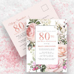 Blush Pink Floral 80th Birthday Party Uitnodiging Briefkaart<br><div class="desc">Eer een speciale vrouw met deze elegante en vrouwelijke 80th Birthday party uitnodiging. De 80ste wordt in grote roze tekst geschreven. De viering van de verjaardag volgt. De naam van de geëerde gast is ook in roze hoofdletters. De rest van de tekst is zachte duif grijs. De verjaardagsfeestdetails worden omringd...</div>