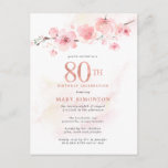 Blush Pink Floral 80th Birthday Uitnodiging Briefkaart<br><div class="desc">Een mooie roze florale schikking van kersenbloesems op een tak. De 80e staat in grote getallen van roos goud. Een zachte roze waterverf was geeft de witte achtergrond een warme aanraking.</div>