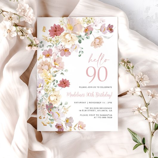 Blush Pink Floral 90th Birthday Kaart