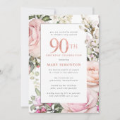 Blush Pink Floral 90th Birthday Party Kaart (Voorkant)