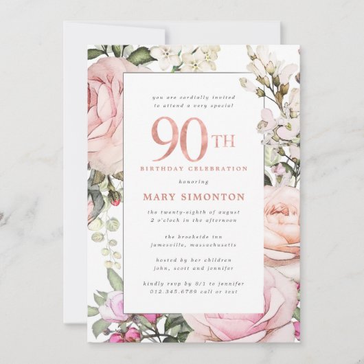 Blush Pink Floral 90th Birthday Party Kaart (Voorkant)