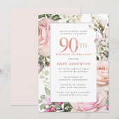 Blush Pink Floral 90th Birthday Party Kaart (Voorkant / Achterkant)