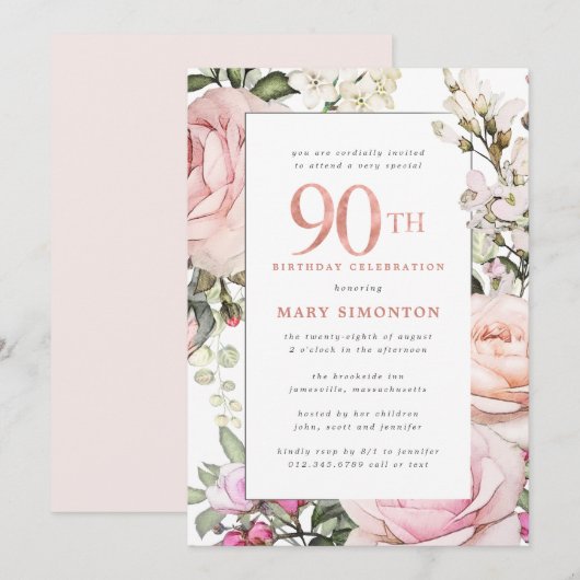 Blush Pink Floral 90th Birthday Party Kaart (Voorkant / Achterkant)