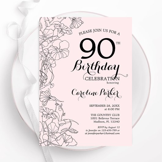 Blush Pink Floral 90th Birthday Party Kaart