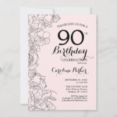 Blush Pink Floral 90th Birthday Party Kaart (Voorkant)