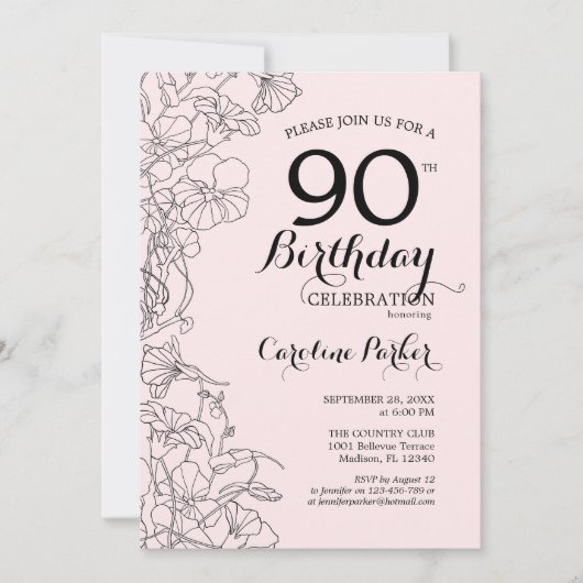 Blush Pink Floral 90th Birthday Party Kaart (Voorkant)