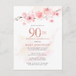 Blush Pink Floral 90th Birthday Uitnodiging Briefkaart<br><div class="desc">Een mooie roze florale schikking van kersenbloesems op een tak. De 90e staat in grote getallen van roos goud. Een zachte roze waterverf was geeft de witte achtergrond een warme aanraking.</div>