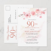 Blush Pink Floral 90th Birthday Uitnodiging Briefkaart (Voorkant / Achterkant)