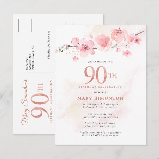 Blush Pink Floral 90th Birthday Uitnodiging Briefkaart (Voorkant / Achterkant)