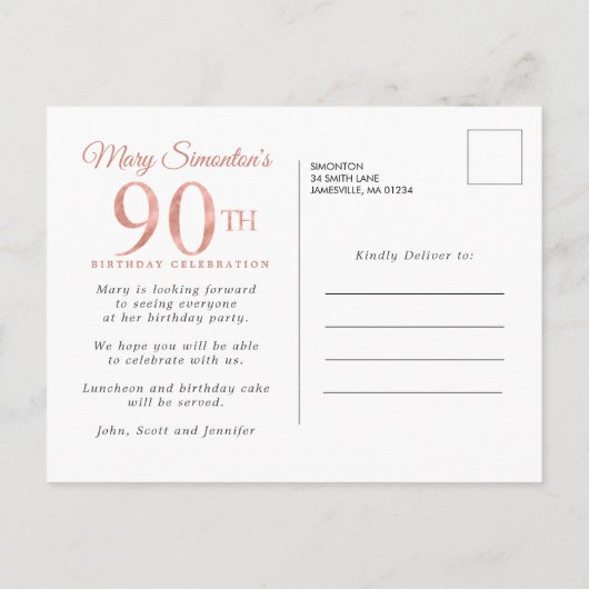 Blush Pink Floral 90th Birthday Uitnodiging Briefkaart (Achterkant)