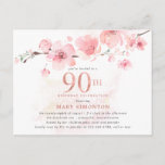 Blush Pink Floral 90th Birthday Uitnodiging Briefkaart<br><div class="desc">Een mooie roze florale schikking van kersenbloesems op een tak. De 90e staat in grote getallen van roos goud. Een zachte roze waterverf was geeft de witte achtergrond een warme aanraking.</div>