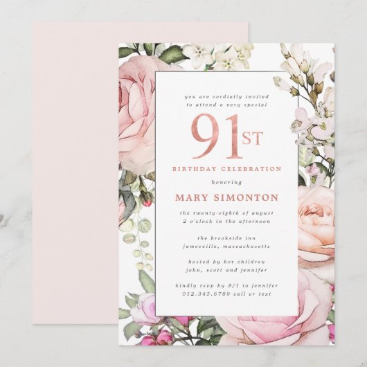 Blush Pink Floral 91e verjaardag Kaart (Voorkant / Achterkant)
