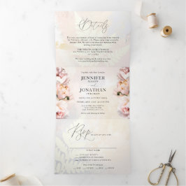 Blush Pink Floral All in One Wedding Drieluik Uitnodiging