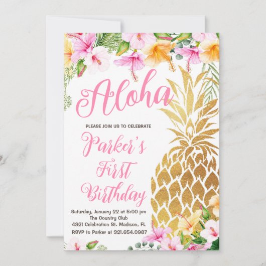 Blush Pink Floral Aloha Ananas Eerste Verjaardag Kaart (Voorkant)