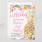 Blush Pink Floral Aloha Ananas Eerste Verjaardag Kaart (Voorkant / Achterkant)